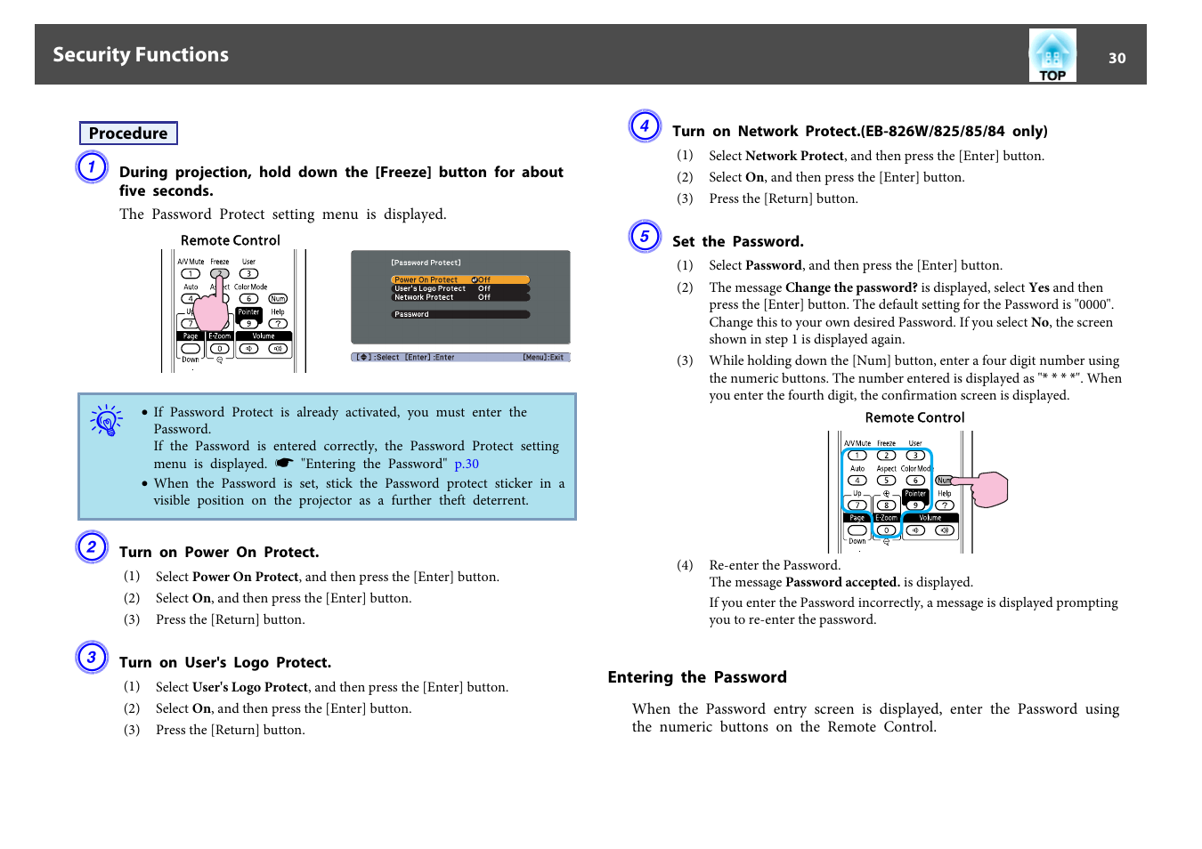 Entering the password | Epson EB 824 User Manual | Page 30 / 121