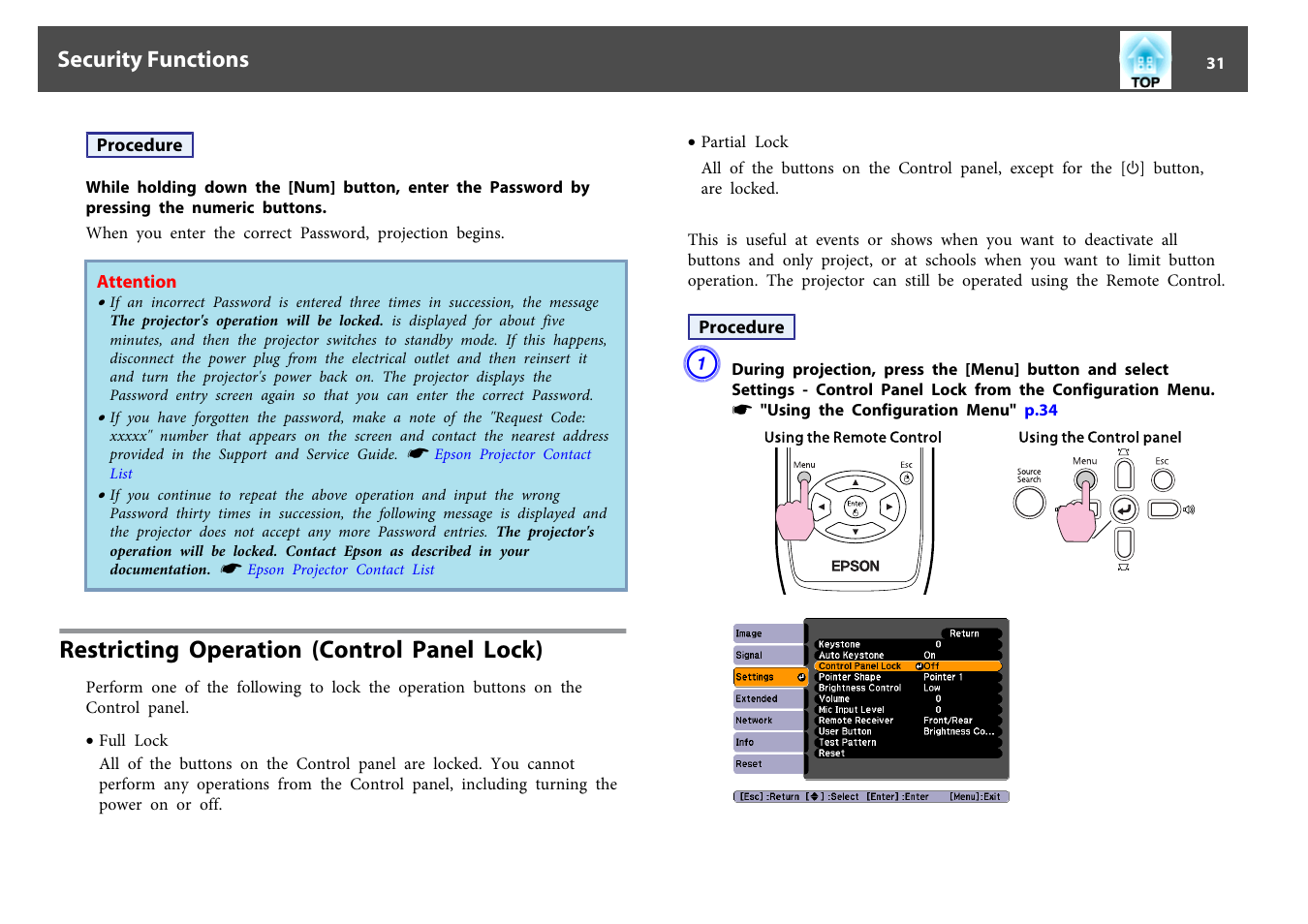 Restricting operation (control panel lock), Security functions | Epson EB 824 User Manual | Page 31 / 121