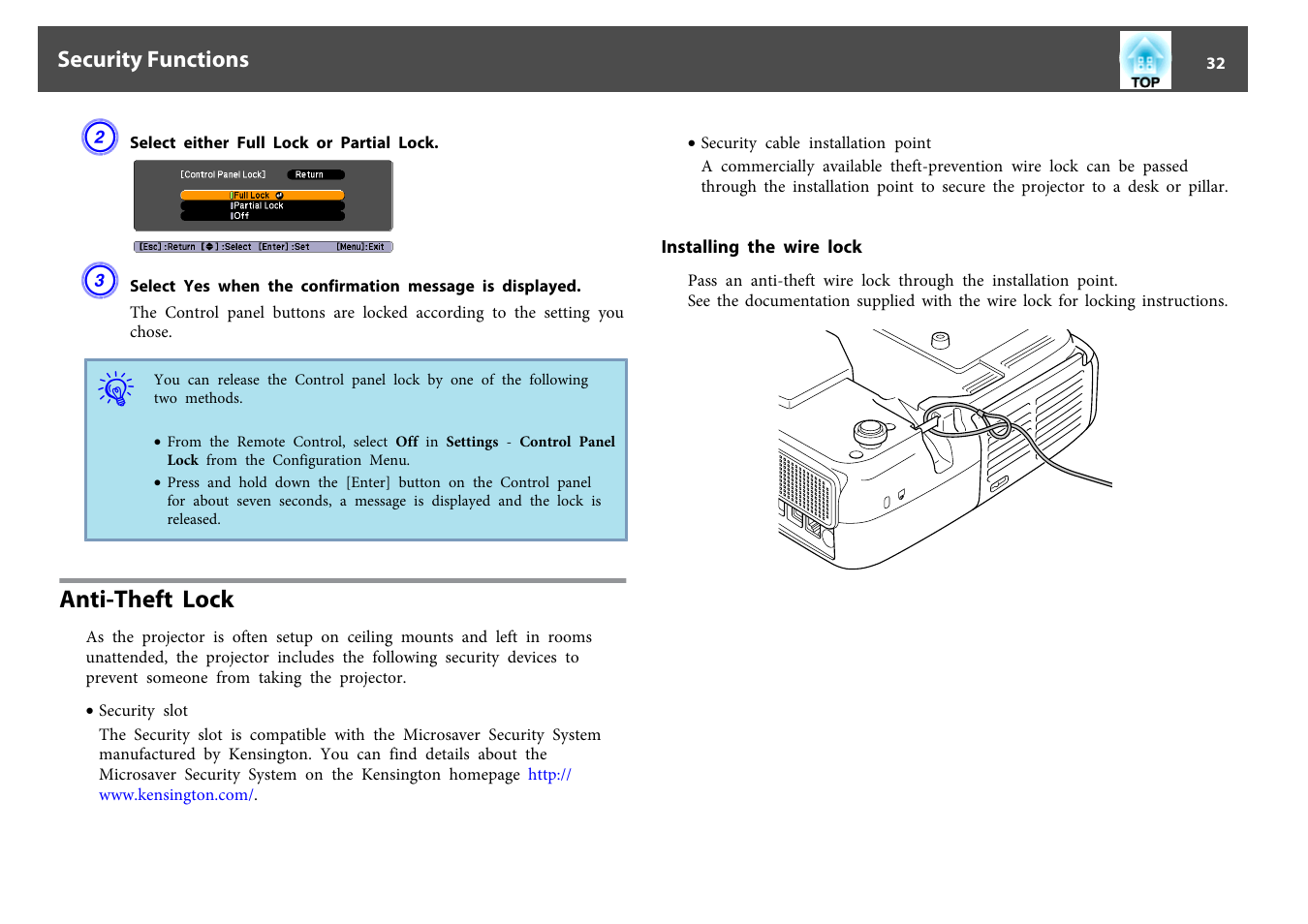 Anti-theft lock, Installing the wire lock, P.32 | Epson EB 824 User Manual | Page 32 / 121