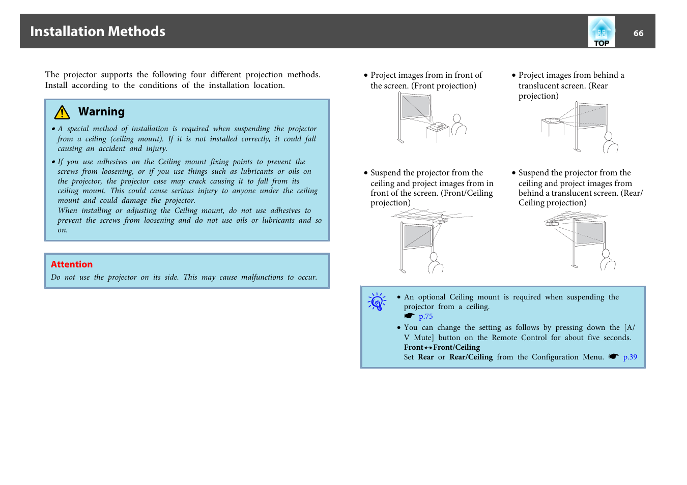 Installation methods, P.66 | Epson EB 824 User Manual | Page 66 / 121