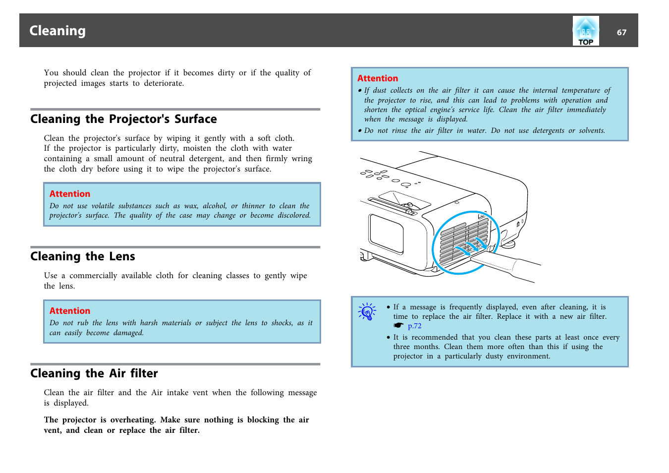 Cleaning, Cleaning the projector's surface, Cleaning the lens | Cleaning the air filter, P.67 | Epson EB 824 User Manual | Page 67 / 121