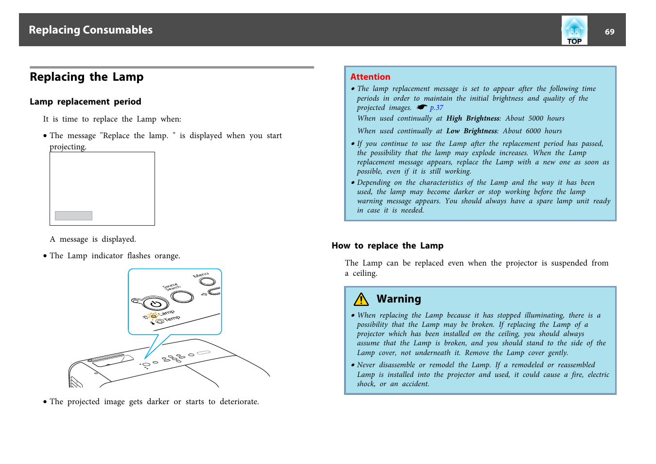 Replacing the lamp, Lamp replacement period, How to replace the lamp | Lamp replacement period how to replace the lamp, P.69, Warning, Replacing consumables | Epson EB 824 User Manual | Page 69 / 121