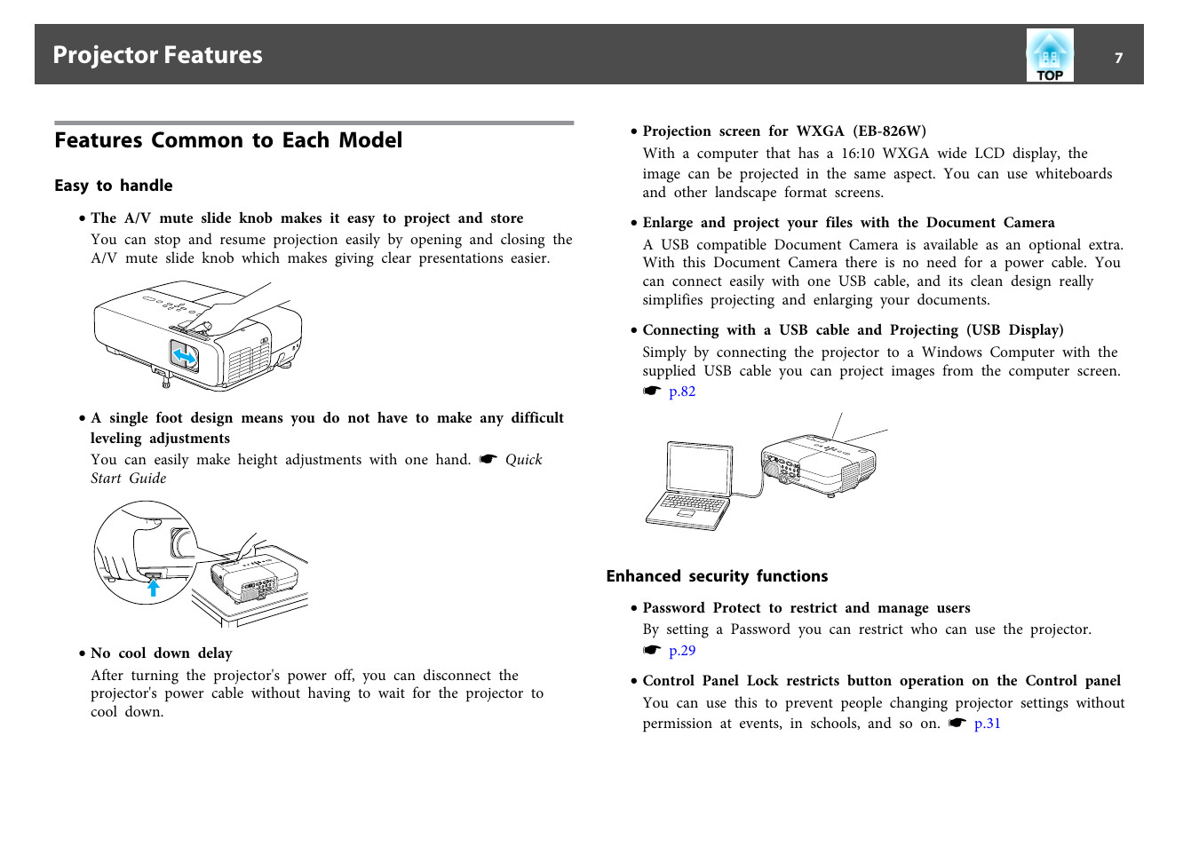 Projector features, Features common to each model, Easy to handle | Enhanced security functions, Easy to handle enhanced security functions | Epson EB 824 User Manual | Page 7 / 121