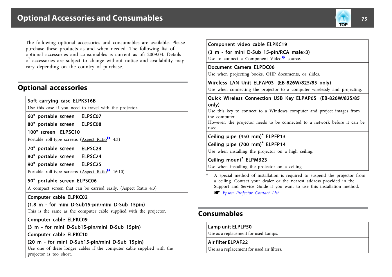 Optional accessories and consumables, Optional accessories, Consumables | Optional accessories consumables, P.75 | Epson EB 824 User Manual | Page 75 / 121