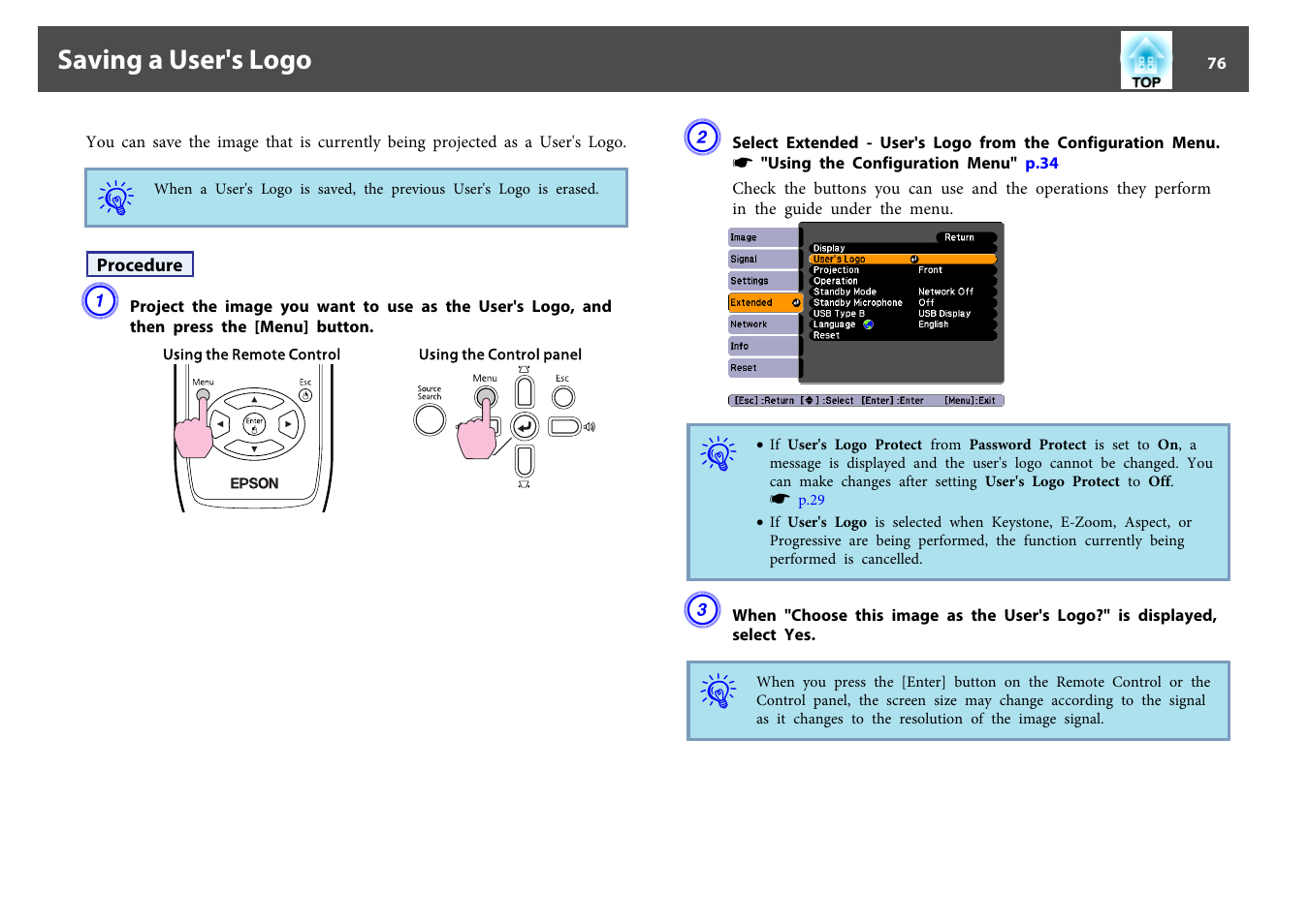 Saving a user's logo | Epson EB 824 User Manual | Page 76 / 121