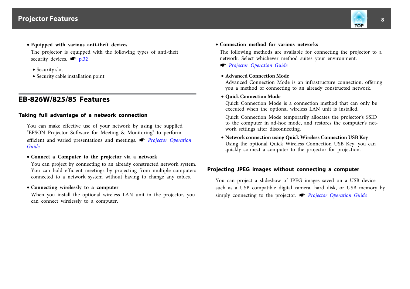 Eb-826w/825/85 features, Taking full advantage of a network connection, Projector features | Epson EB 824 User Manual | Page 8 / 121