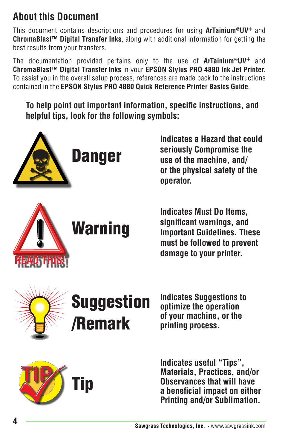 Danger warning suggestion /remark tip, About this document | Epson DUALJET HYBRID SYSTEM PRO 4880 User Manual | Page 14 / 72