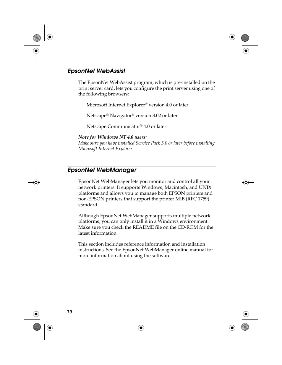 Epsonnet webassist, Epsonnet webmanager, Epsonnet webassist epsonnet webmanager | Epson 10 BASE T User Manual | Page 10 / 20