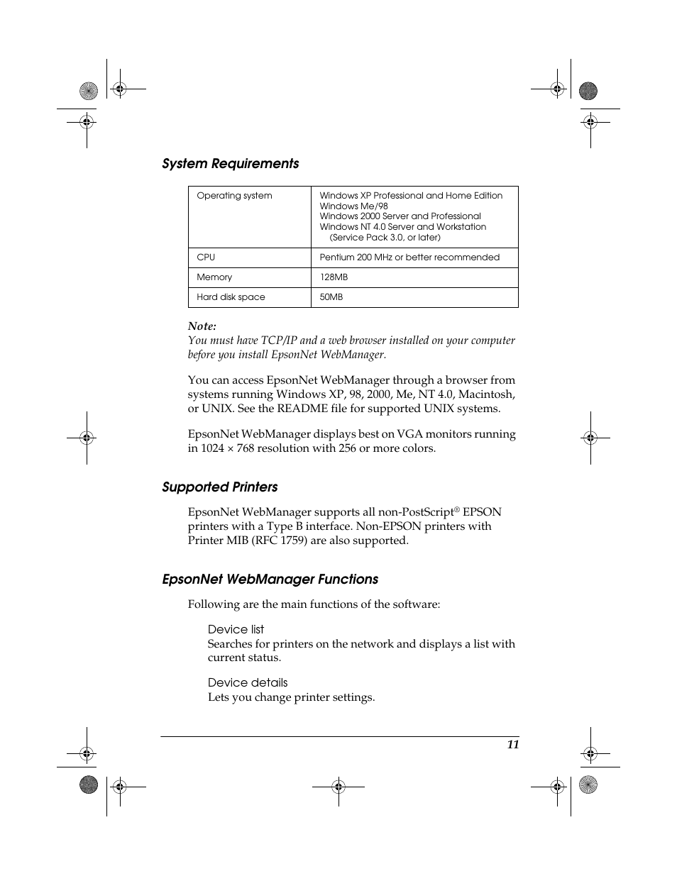 System requirements, Supported printers, Epsonnet webmanager functions | Epson 10 BASE T User Manual | Page 11 / 20