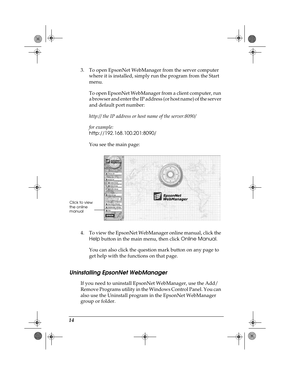 Uninstalling epsonnet webmanager | Epson 10 BASE T User Manual | Page 14 / 20