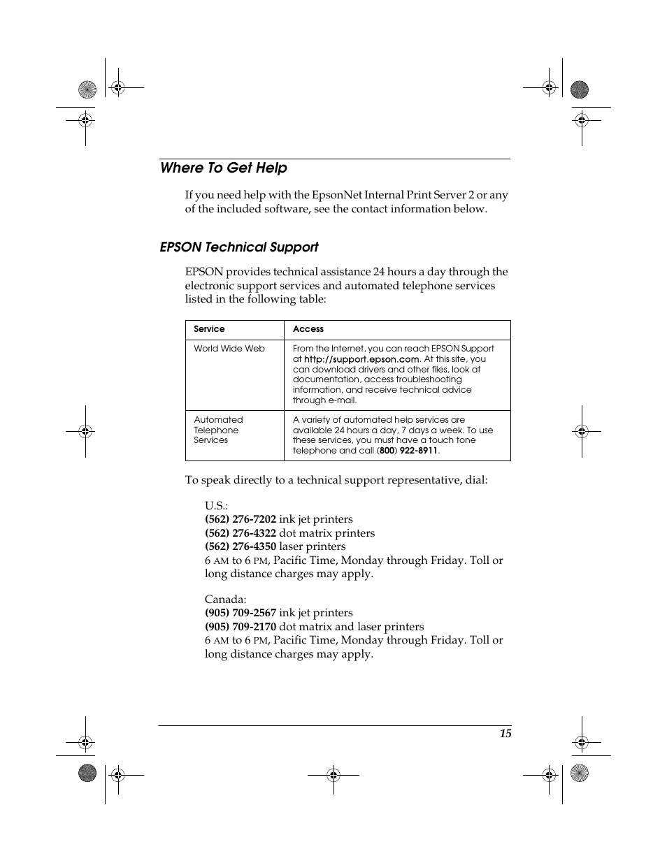 Where to get help, Epson technical support | Epson 10 BASE T User Manual | Page 15 / 20