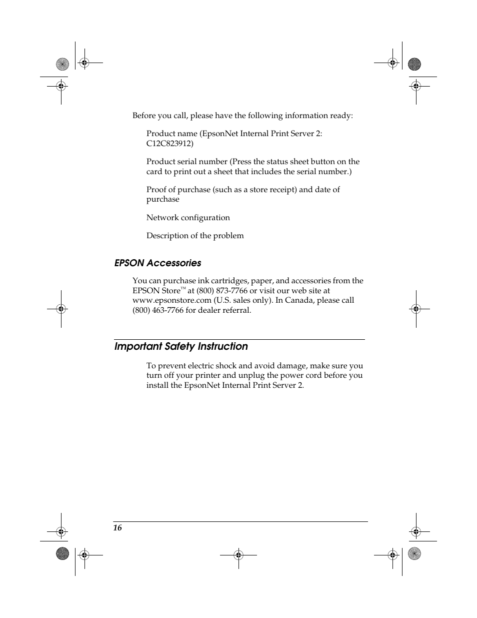 Epson accessories, Important safety instruction | Epson 10 BASE T User Manual | Page 16 / 20