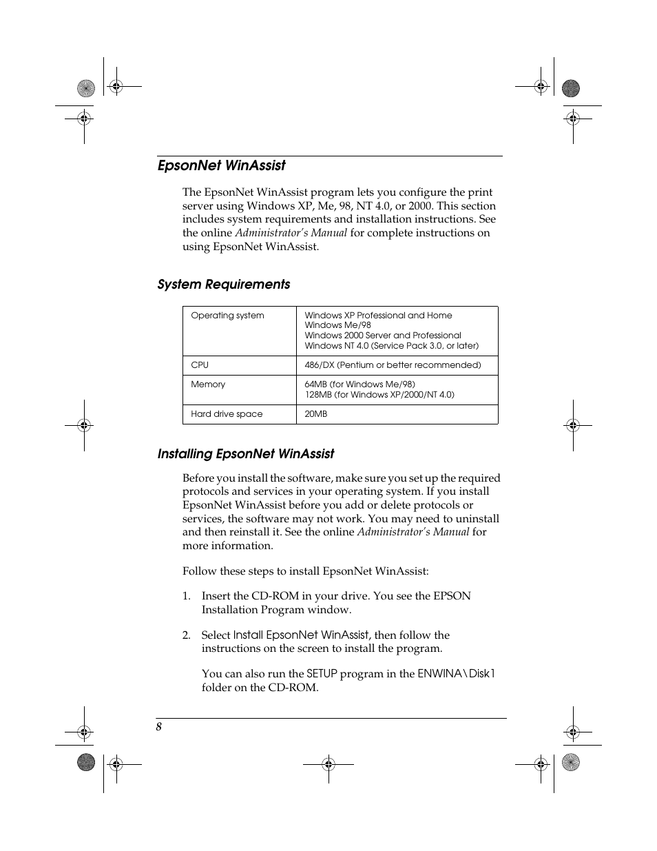 Epsonnet winassist, System requirements, Installing epsonnet winassist | Epson 10 BASE T User Manual | Page 8 / 20