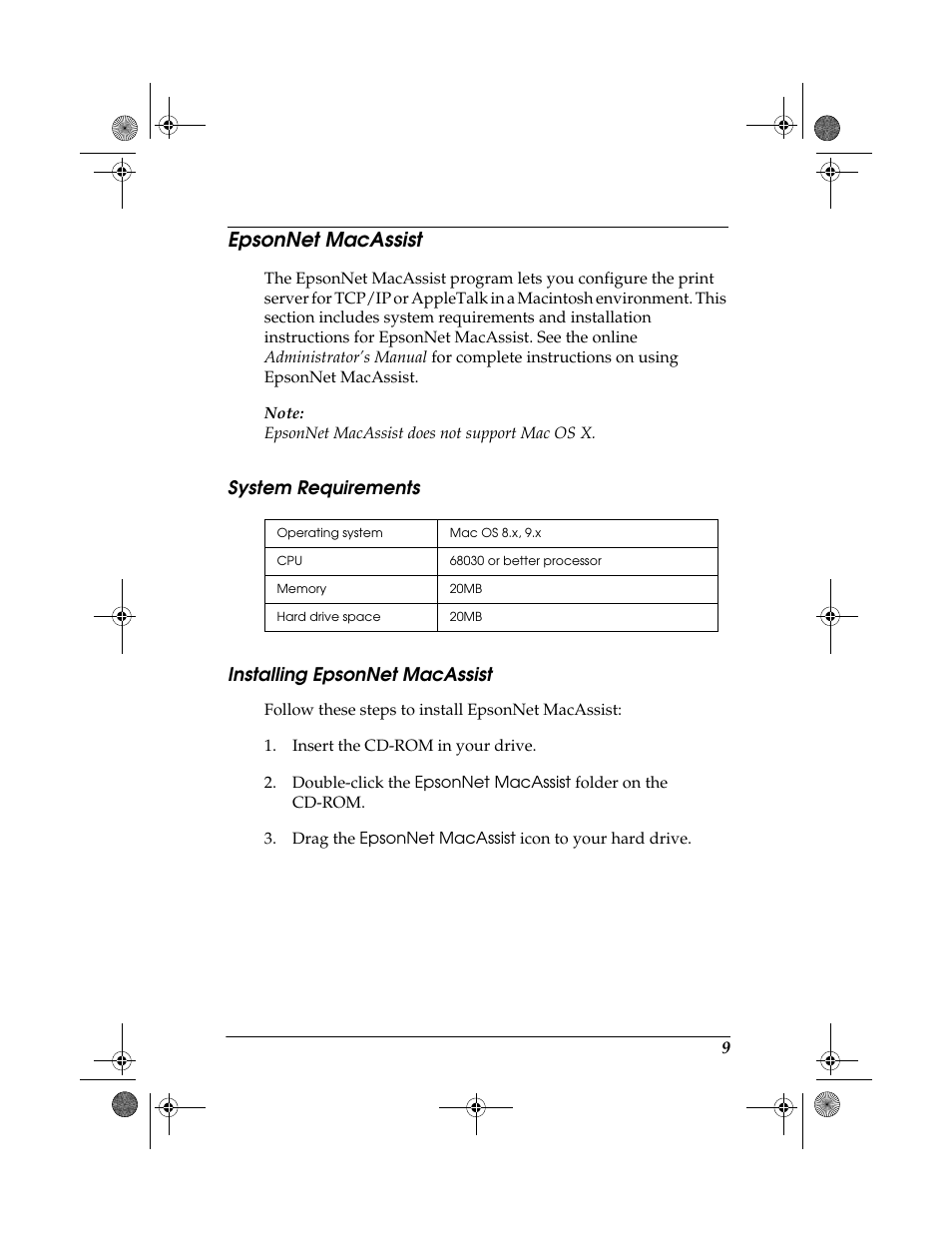 Epsonnet macassist, System requirements, Installing epsonnet macassist | System requirements installing epsonnet macassist | Epson 10 BASE T User Manual | Page 9 / 20