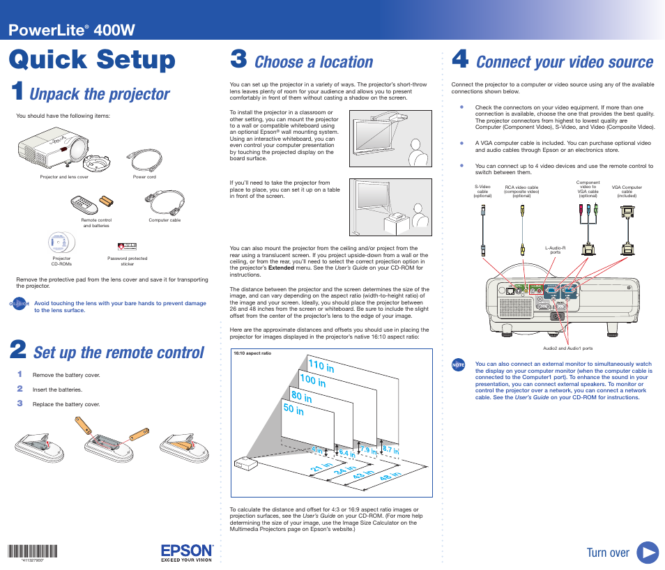 Choose a location, Quick setup 4, Connect your video source | Unpack the projector, Set up the remote control, Powerlite, 400w, Turn over | Epson 400W User Manual | Page 2 / 6