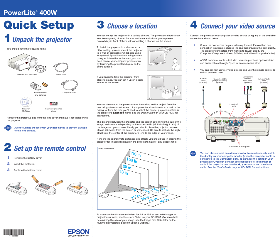 Connect your video source, Quick setup 4, Choose a location | Unpack the projector, Set up the remote control, Powerlite, 400w | Epson 400W User Manual | Page 3 / 6