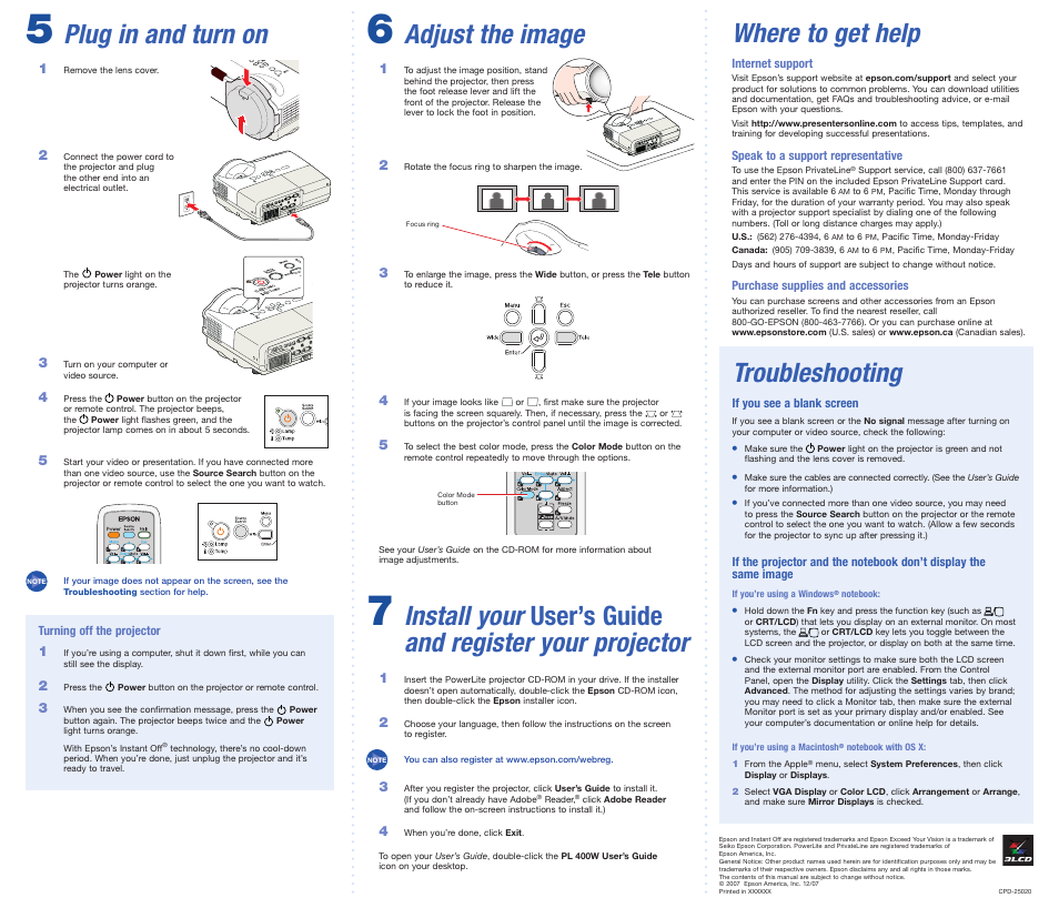 Where to get help, Troubleshooting, Adjust the image | Plug in and turn on | Epson 400W User Manual | Page 6 / 6