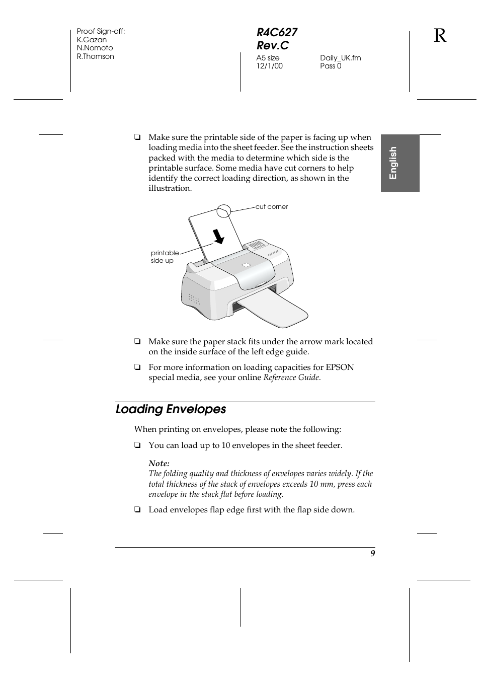 Loading envelopes, R4c627 rev.c | Epson 580 User Manual | Page 10 / 26