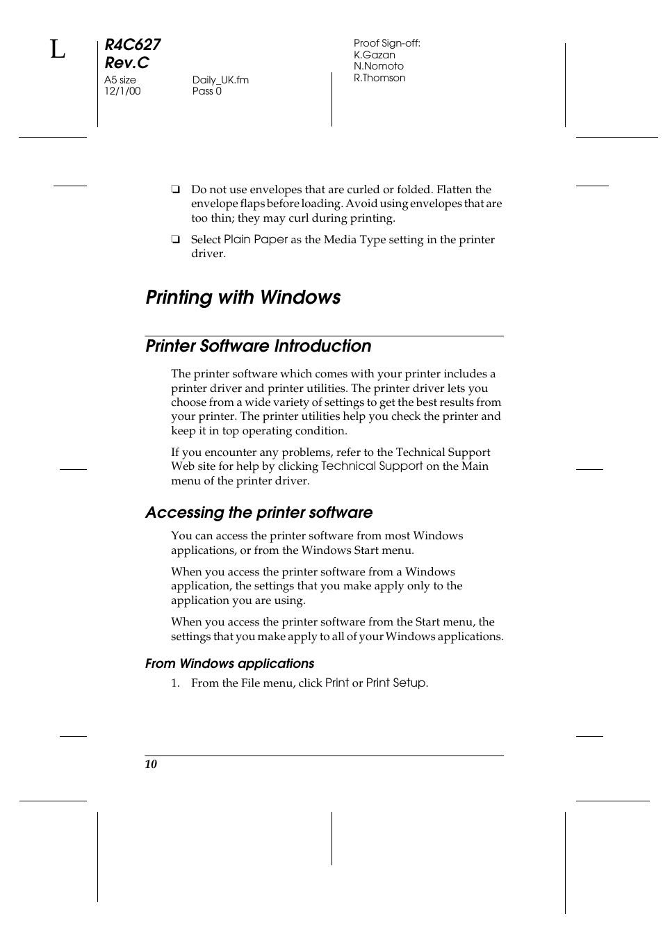 Printing with windows, Printer software introduction, Accessing the printer software | From windows applications, R4c627 rev.c | Epson 580 User Manual | Page 11 / 26
