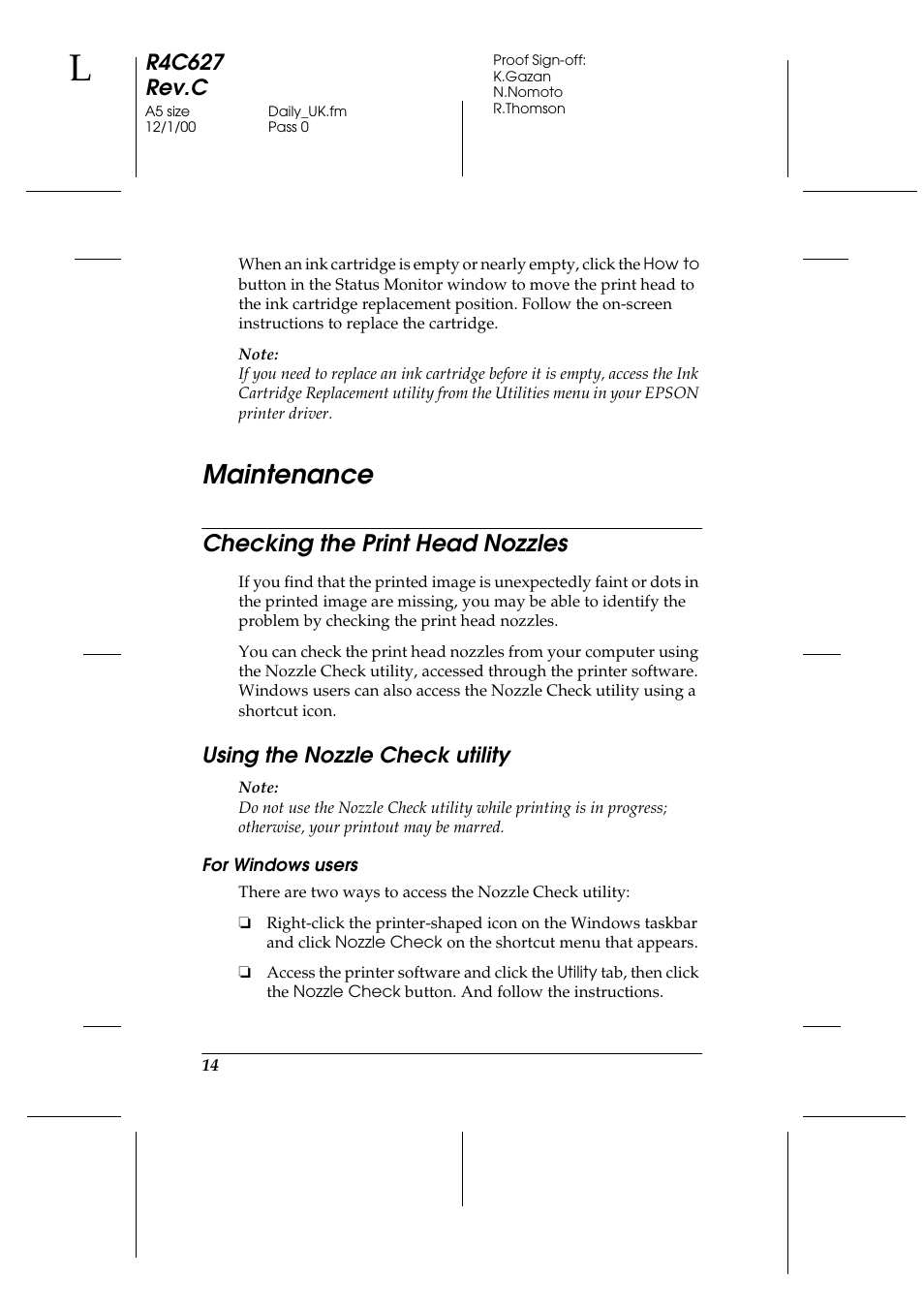 Maintenance, Checking the print head nozzles, Using the nozzle check utility | For windows users, R4c627 rev.c | Epson 580 User Manual | Page 15 / 26