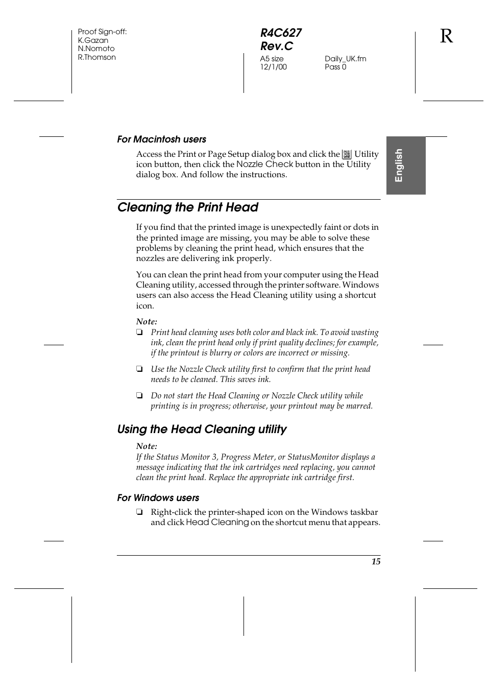 For macintosh users, Cleaning the print head, Using the head cleaning utility | For windows users, R4c627 rev.c | Epson 580 User Manual | Page 16 / 26