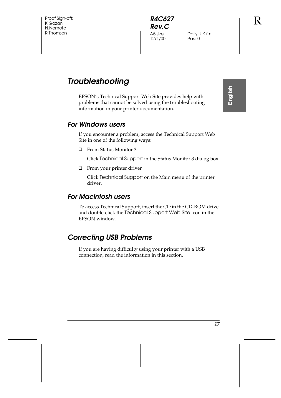 Troubleshooting, For windows users, For macintosh users | Correcting usb problems, R4c627 rev.c | Epson 580 User Manual | Page 18 / 26