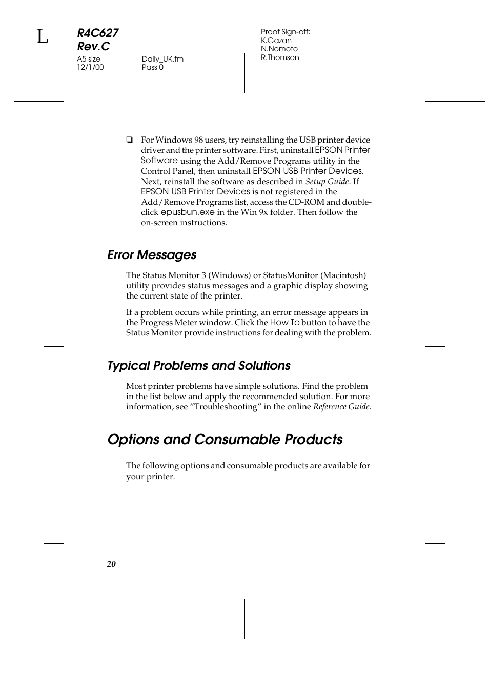 Error messages, Typical problems and solutions, Options and consumable products | Error messages typical problems and solutions | Epson 580 User Manual | Page 21 / 26