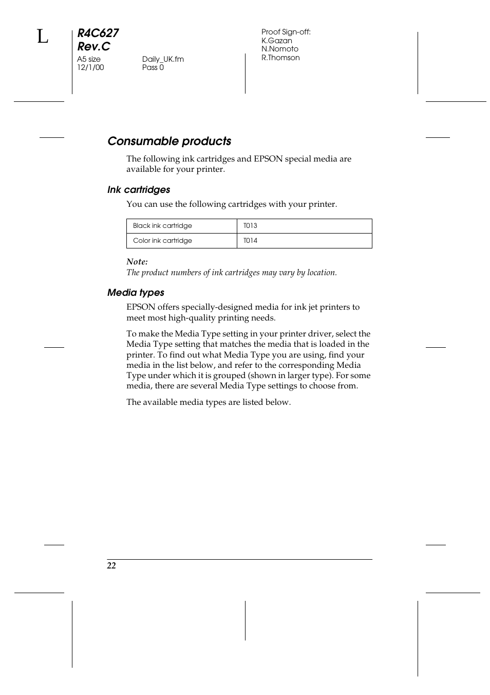 Consumable products, Ink cartridges, Media types | R4c627 rev.c | Epson 580 User Manual | Page 23 / 26
