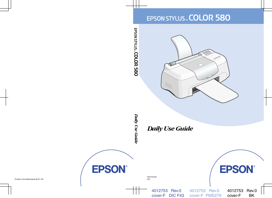 Back cover, Daily use guide | Epson 580 User Manual | Page 26 / 26