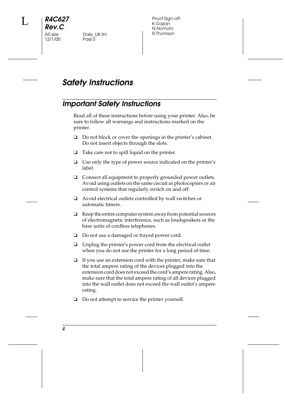 Safety instructions, Important safety instructions, R4c627 rev.c | Epson 580 User Manual | Page 5 / 26