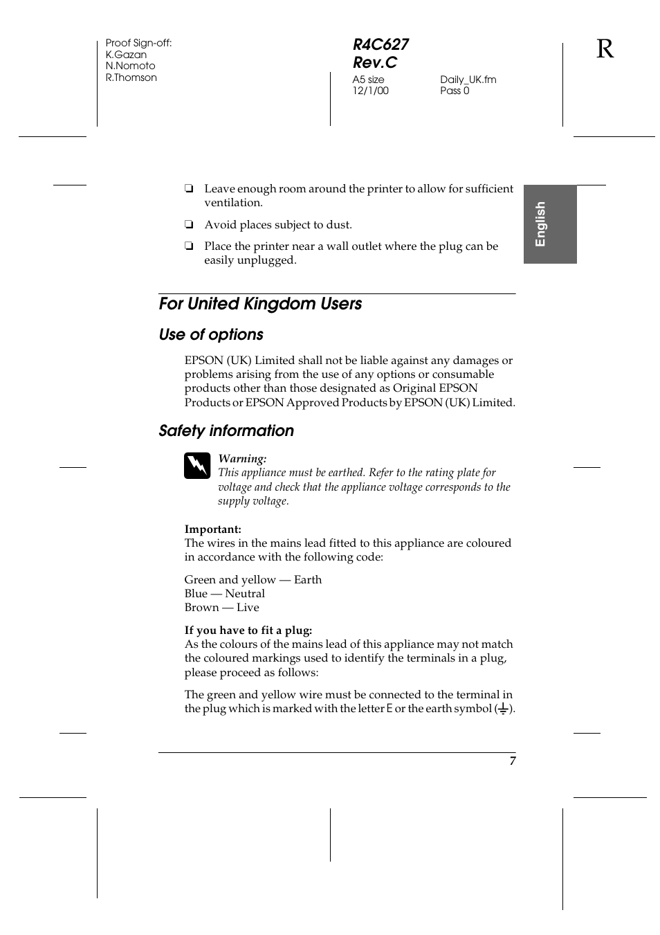 For united kingdom users, Use of options, Safety information | Epson 580 User Manual | Page 8 / 26