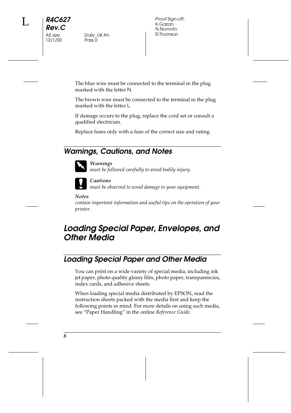 Warnings, cautions, and notes, Loading special paper, envelopes, and other media, Loading special paper and other media | Epson 580 User Manual | Page 9 / 26