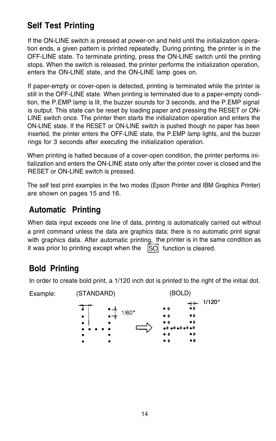 Self test printing, Automatic printing, Bold printing | Epson 420i User Manual | Page 20 / 85