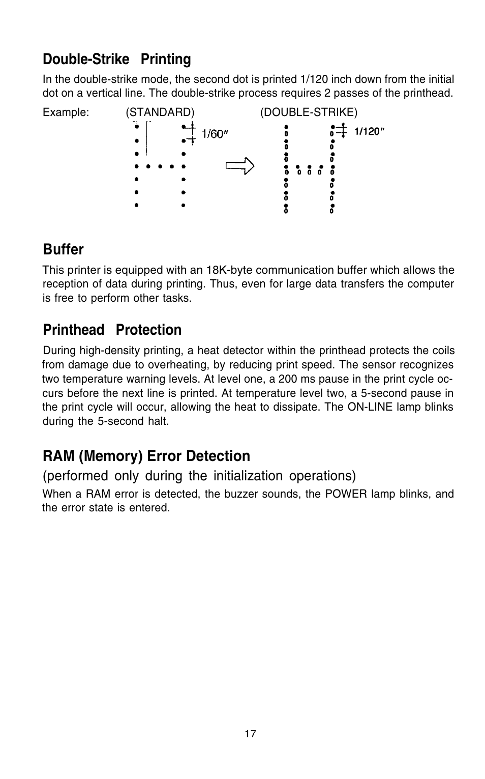 Double-strike printing, Buffer, Printhead protection | Epson 420i User Manual | Page 23 / 85
