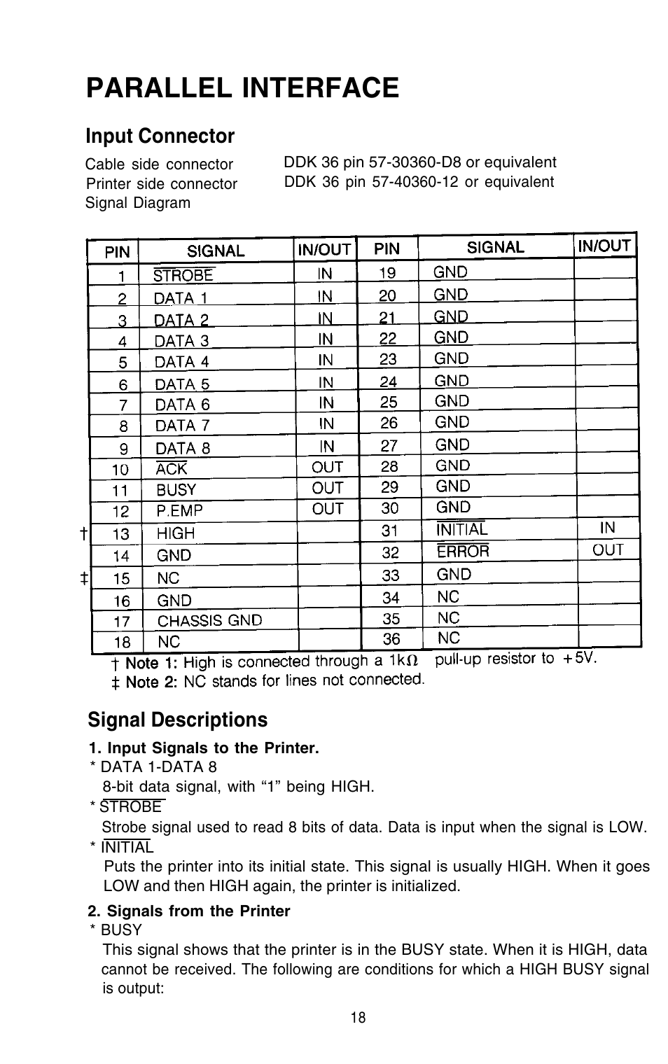 Parallel interface, Input connector, Signal descriptions | Epson 420i User Manual | Page 24 / 85