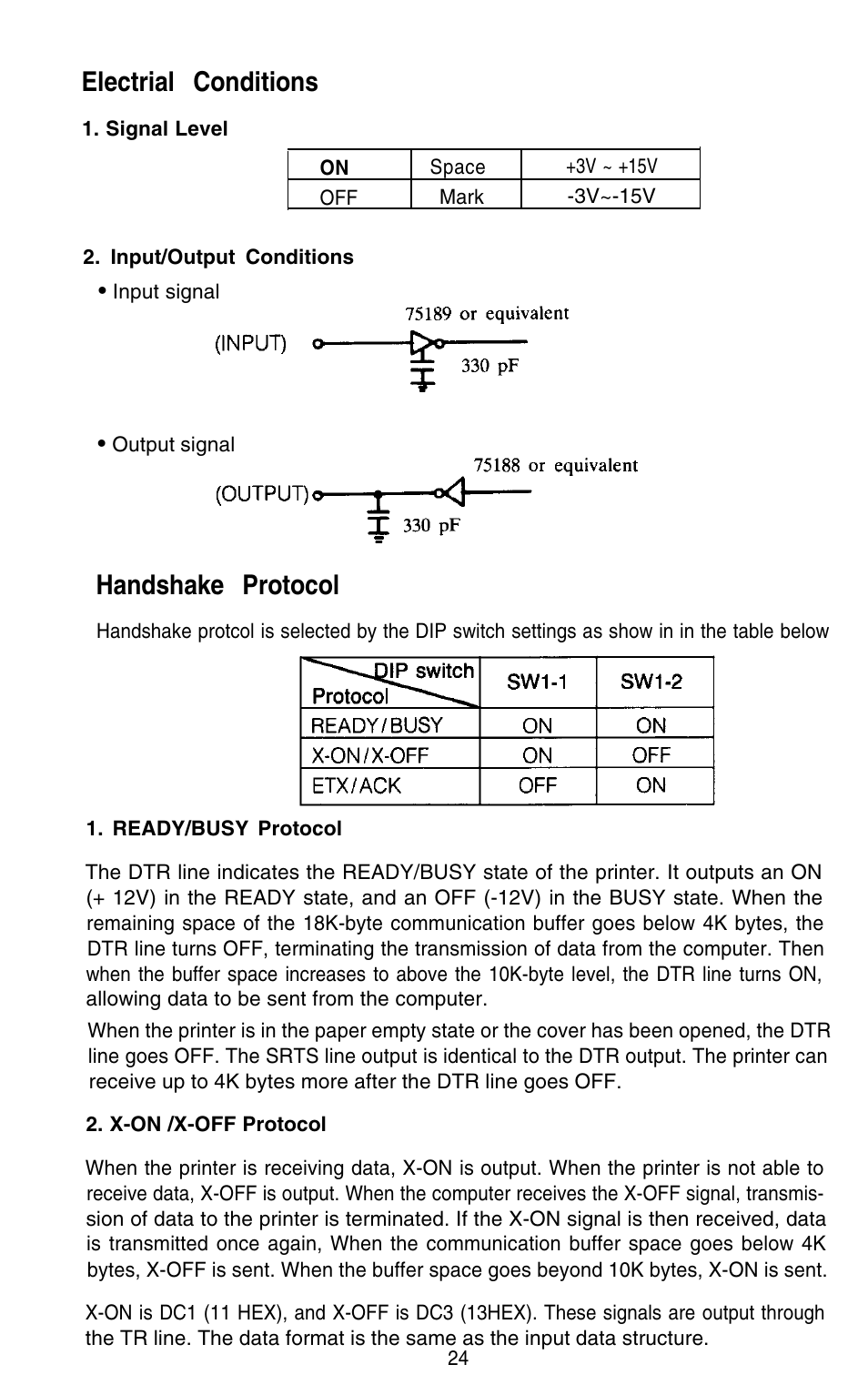 Electrial conditions, Handshake protocol | Epson 420i User Manual | Page 30 / 85