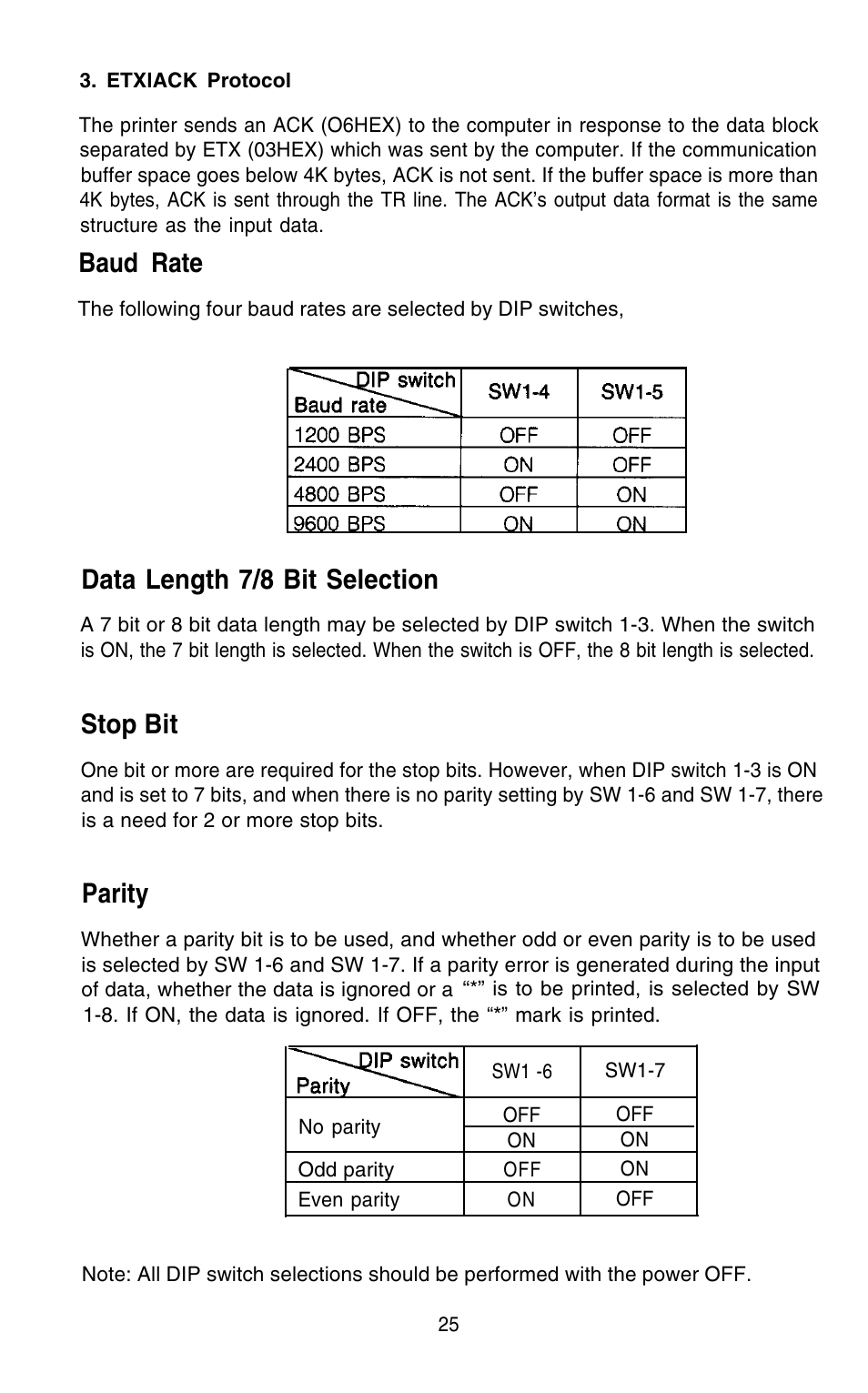 Baud rate, Data length 7/8 bit selection, Stop bit | Parity | Epson 420i User Manual | Page 31 / 85
