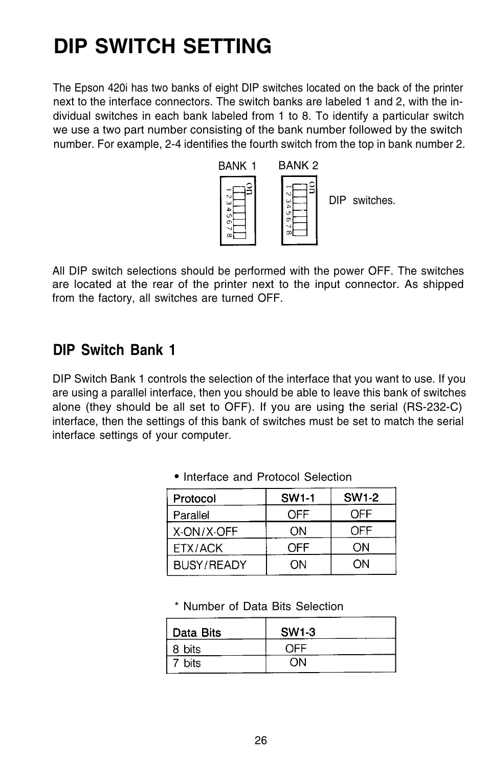Dip switch setting, Dip switch bank 1 | Epson 420i User Manual | Page 32 / 85