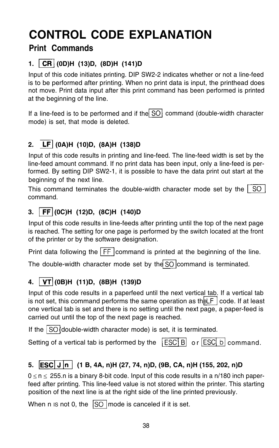 Control code explanation, Print commands | Epson 420i User Manual | Page 44 / 85