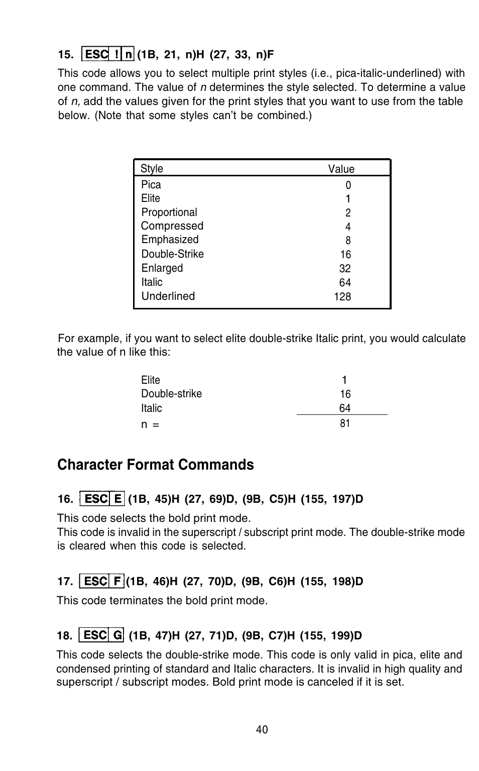 Character format commands | Epson 420i User Manual | Page 46 / 85