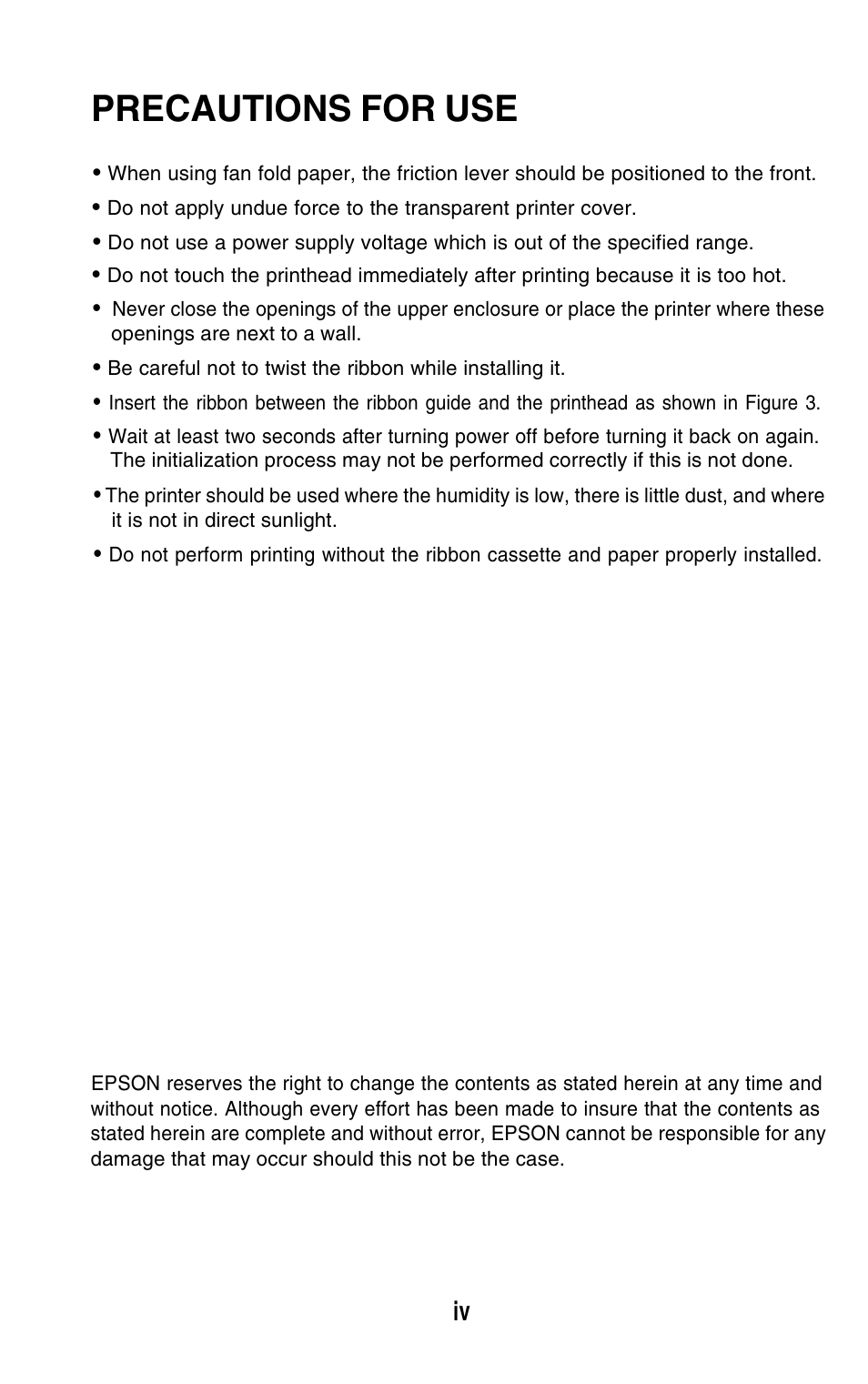 Precautions for use | Epson 420i User Manual | Page 5 / 85