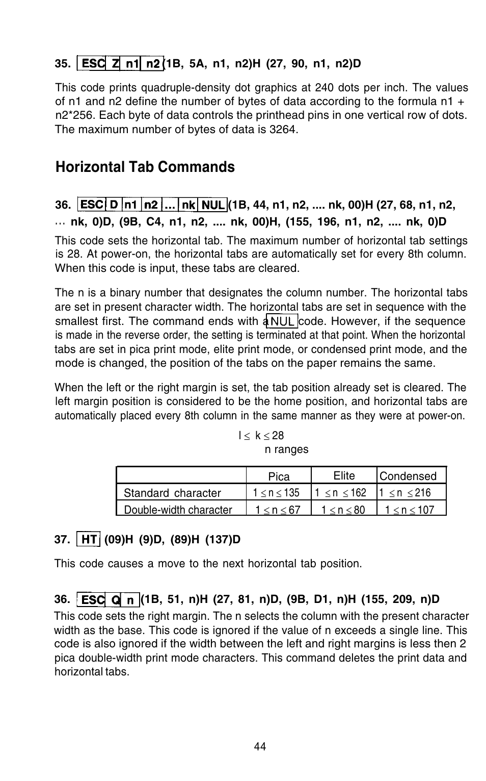 Horizontal tab commands | Epson 420i User Manual | Page 50 / 85