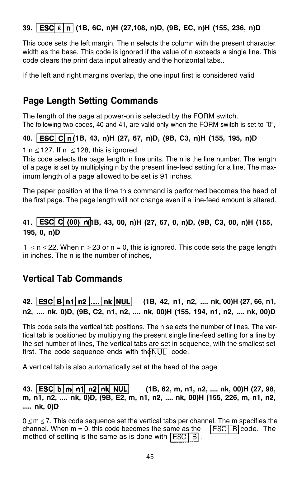 Page length setting commands, Vertical tab commands | Epson 420i User Manual | Page 51 / 85