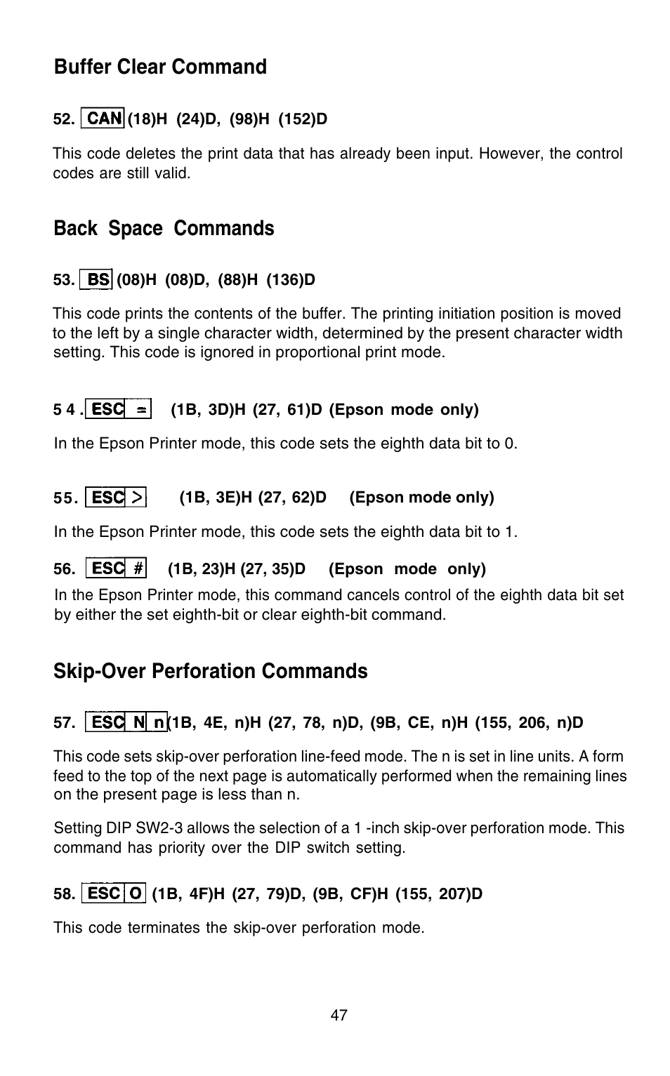 Buffer clear command, Back space commands, Skip-over perforation commands | Epson 420i User Manual | Page 53 / 85