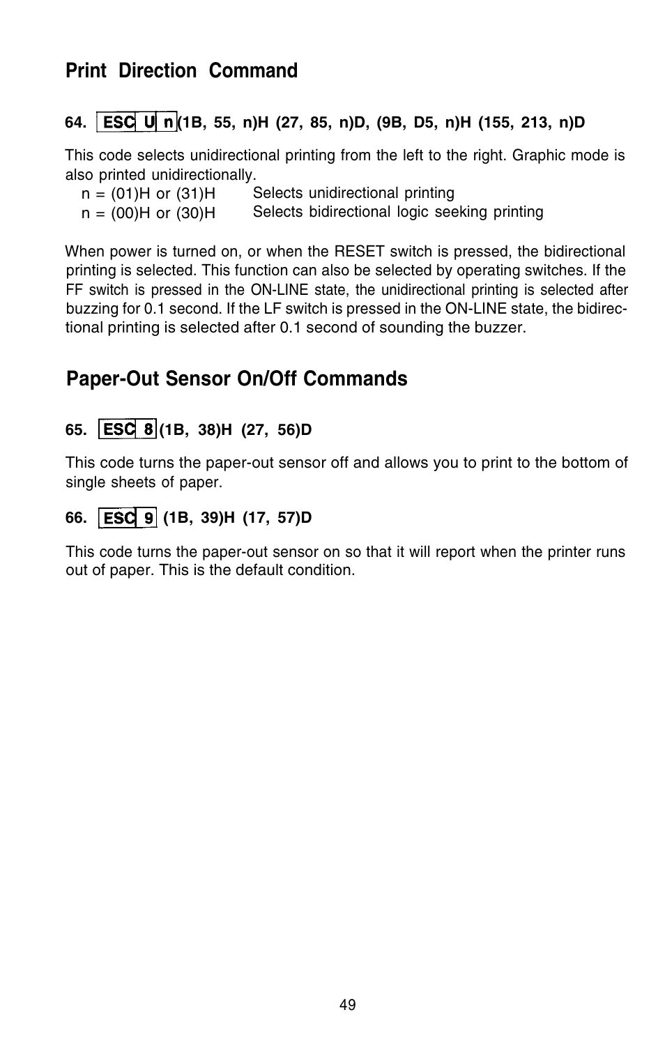 Print direction command, Paper-out sensor on/off commands | Epson 420i User Manual | Page 55 / 85