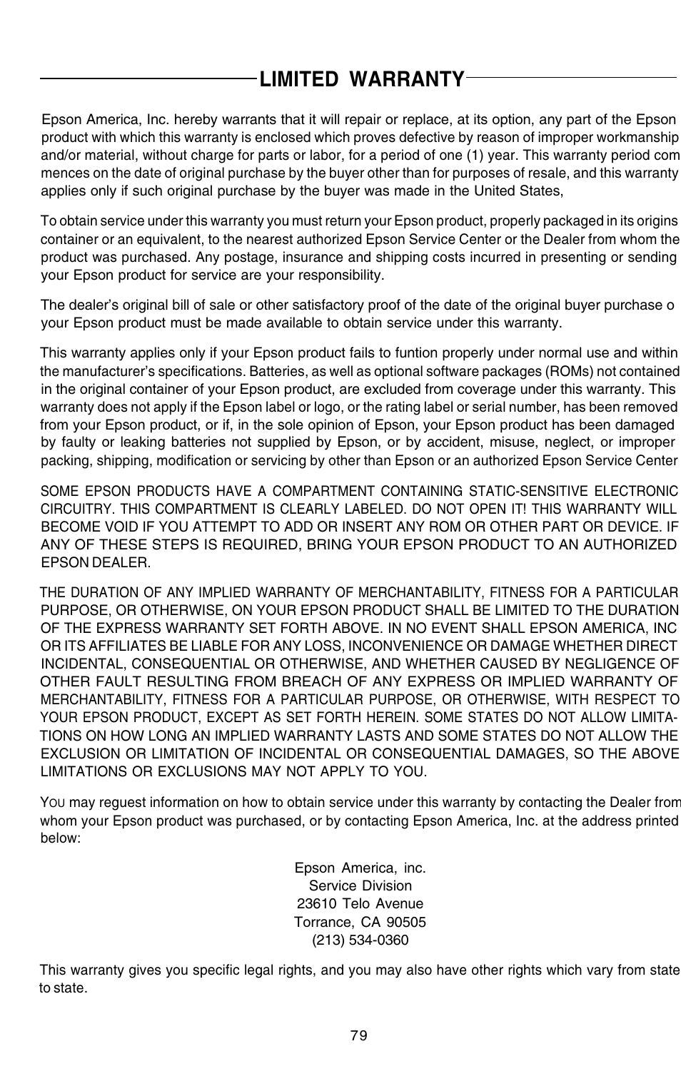 Limited warranty | Epson 420i User Manual | Page 84 / 85
