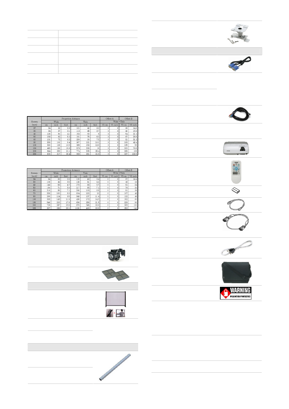 Ole_link1, Ordering information, Screen size and projection distance | Accessories, What’s in the box | Epson E-Torl EB W6 User Manual | Page 2 / 3