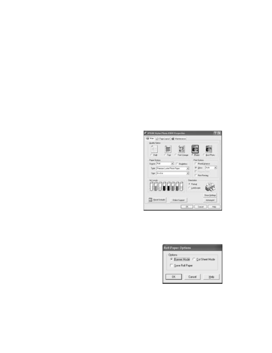 Selecting roll paper print settings, Windows | Epson R800 User Manual | Page 36 / 116