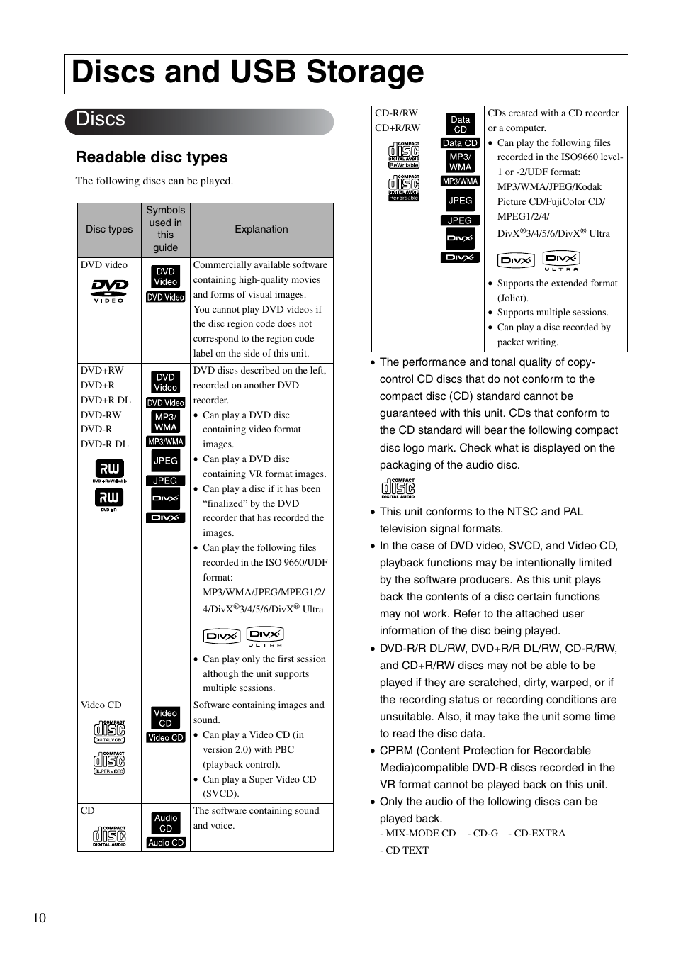 Discs and usb storage, Discs, Readable disc types | Epson DREAMIO EH-DM3 User Manual | Page 12 / 85