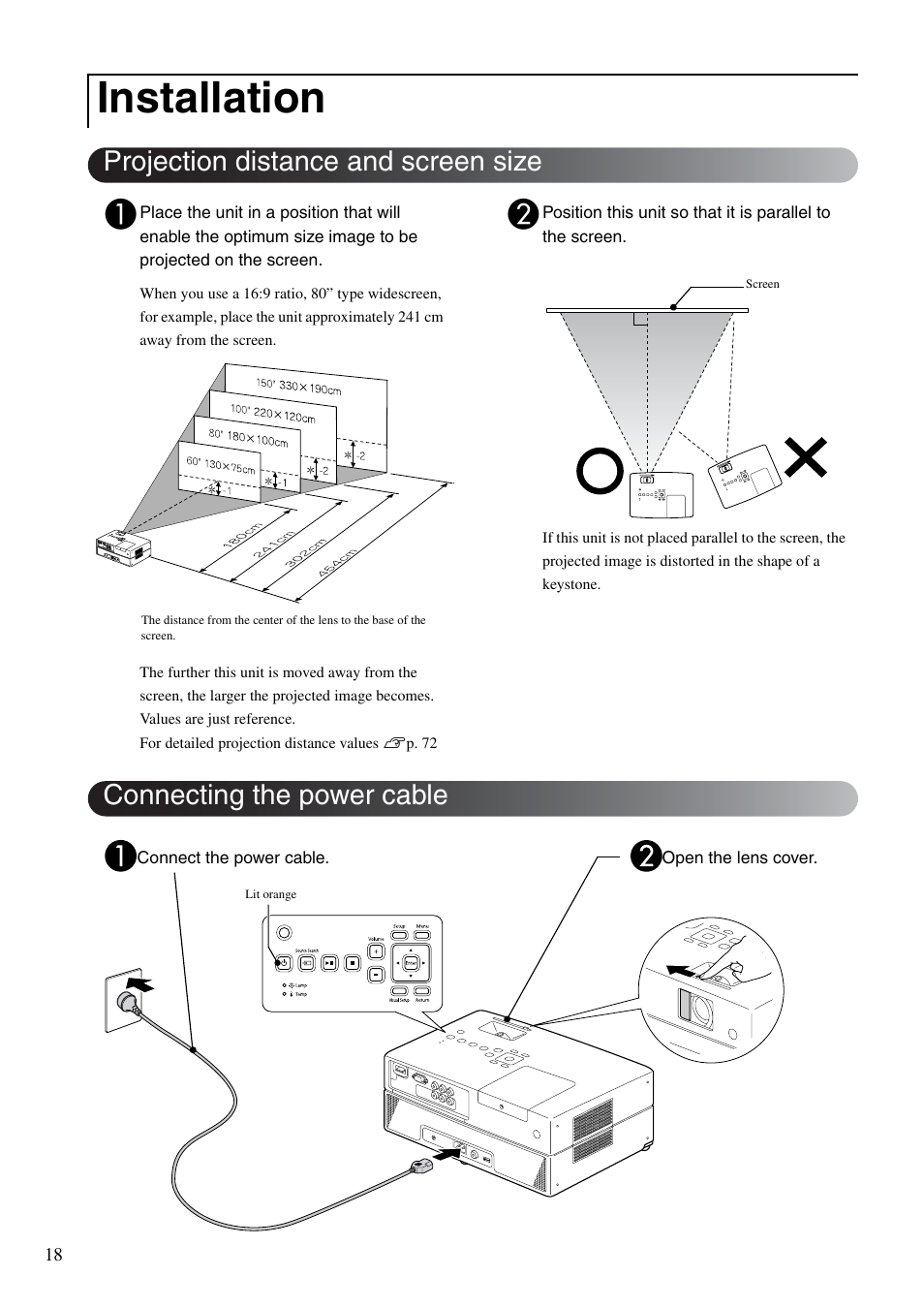 Installation, Projection distance and screen size, Connecting the power cable | P. 18, Sp. 18 | Epson DREAMIO EH-DM3 User Manual | Page 20 / 85